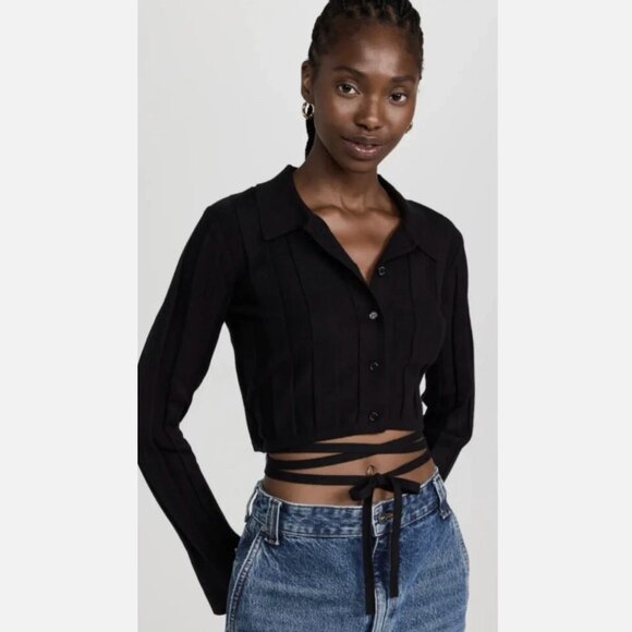 Something Navy Cropped Ribbed Button Up Sweater w/ Strappy Waist Tie in M/Medium - Picture 4 of 8